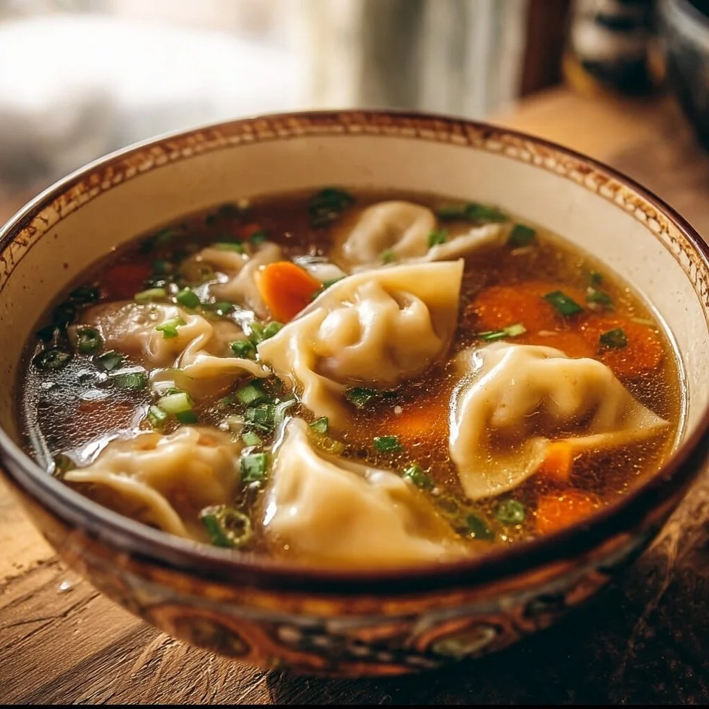 Bowl of easy potsticker soup with dumplings and vegetables