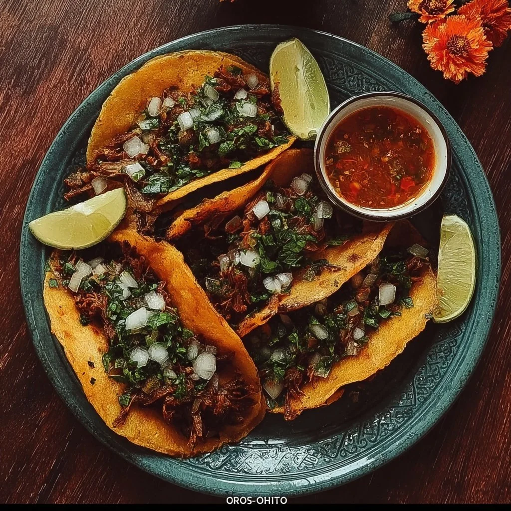 Delicious birria tacos served with consommé and fresh garnishes