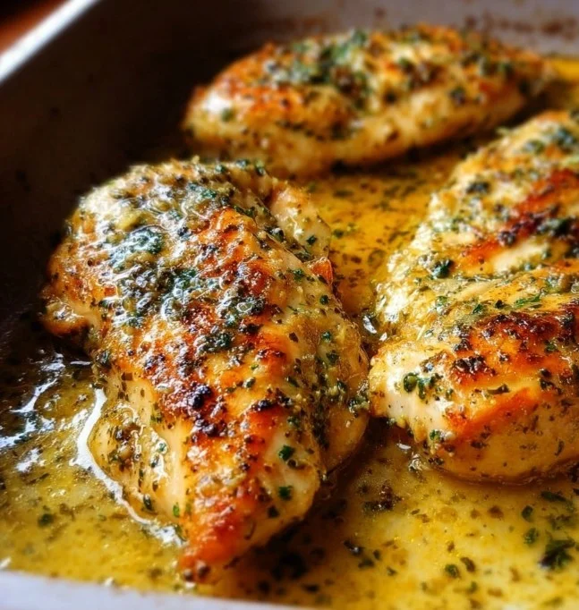 Juicy Garlic Butter Baked Chicken Breast served with herbs and vegetables.