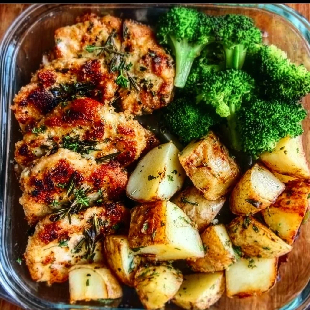 Garlic Parmesan Chicken served with roasted potatoes.