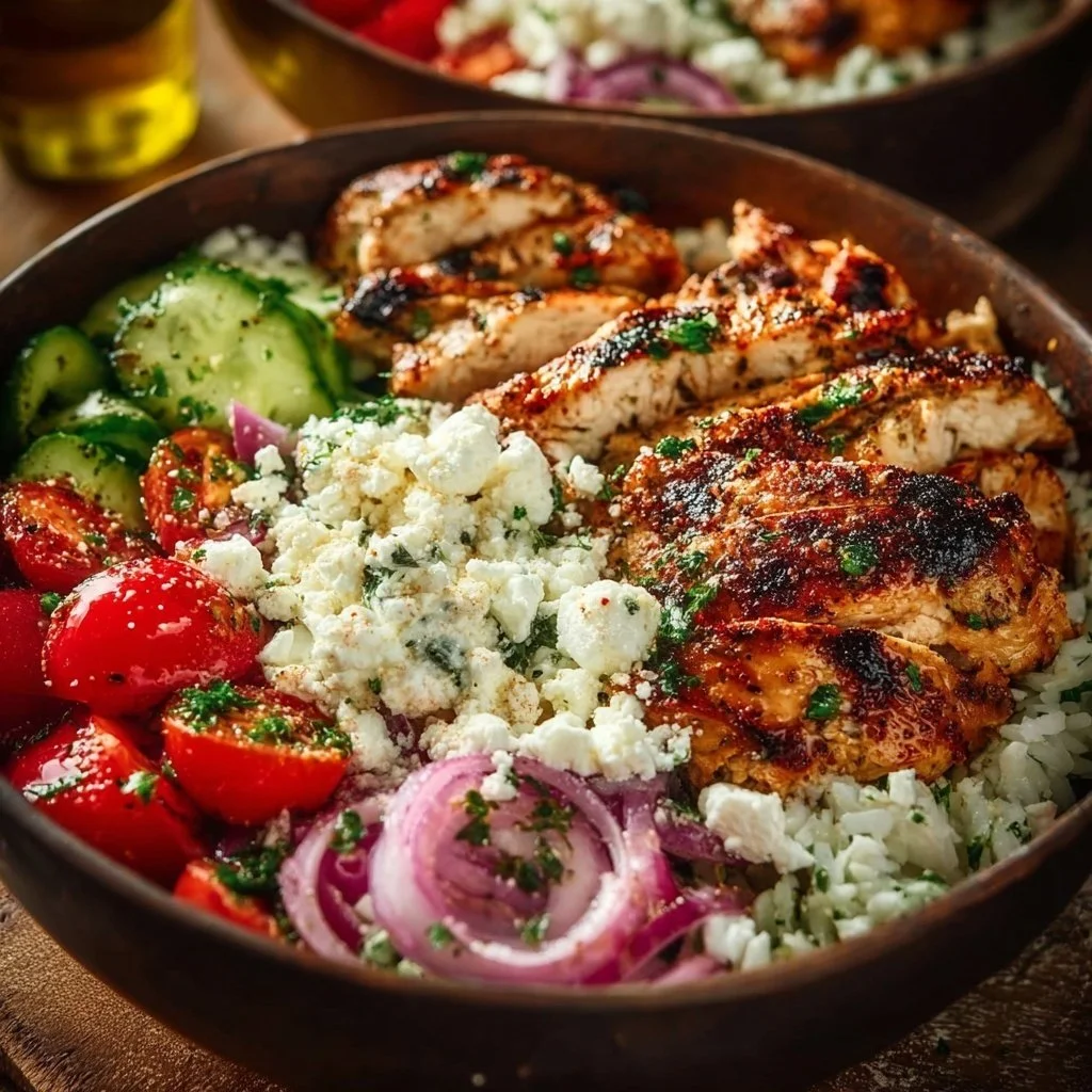 Greek Chicken Bowls with vegetables and feta cheese on a plate