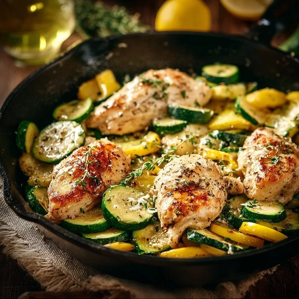 Healthy chicken breast served with zucchini and squash on a plate