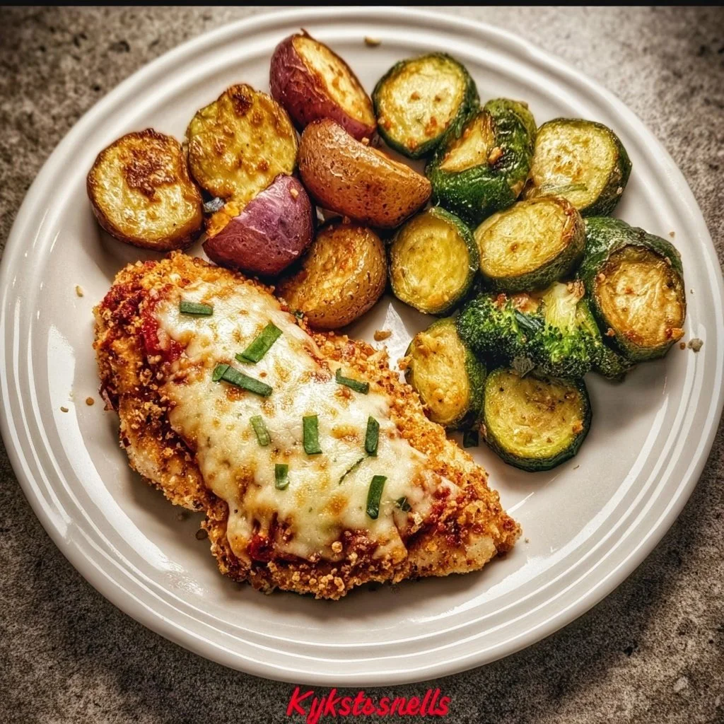 Healthy Chicken Parmesan served with colorful roasted vegetables.