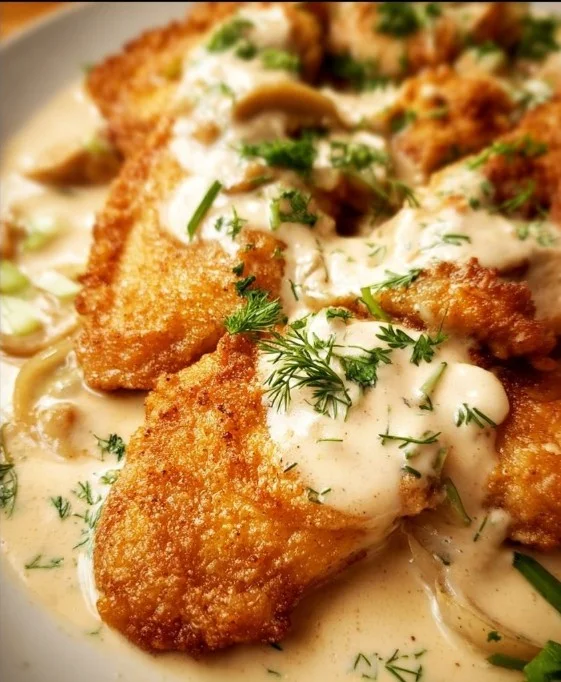 Baked Sour Cream and Onion Chicken on a plate garnished with herbs.