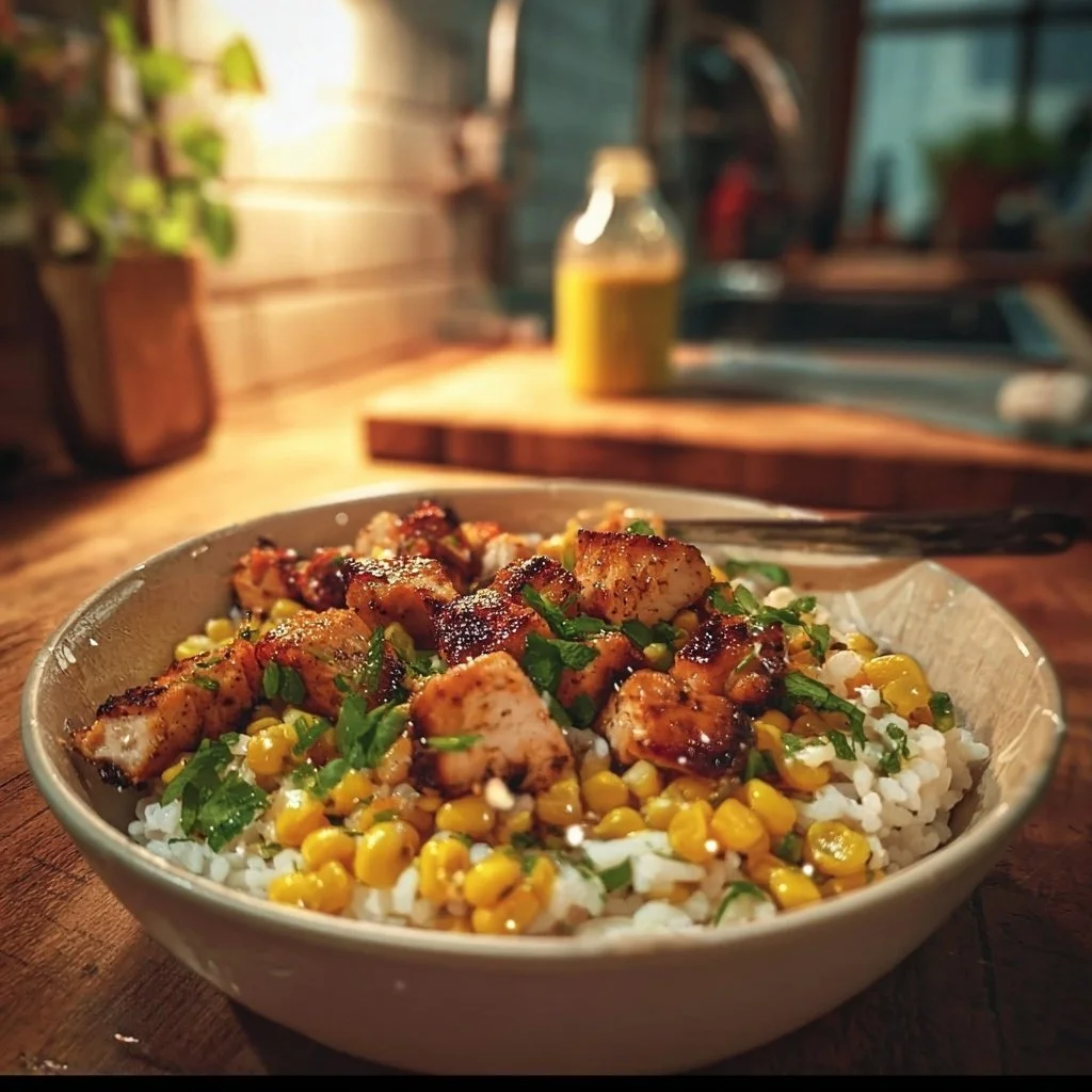 Delicious Street Corn Chicken Rice Bowl garnished with fresh toppings