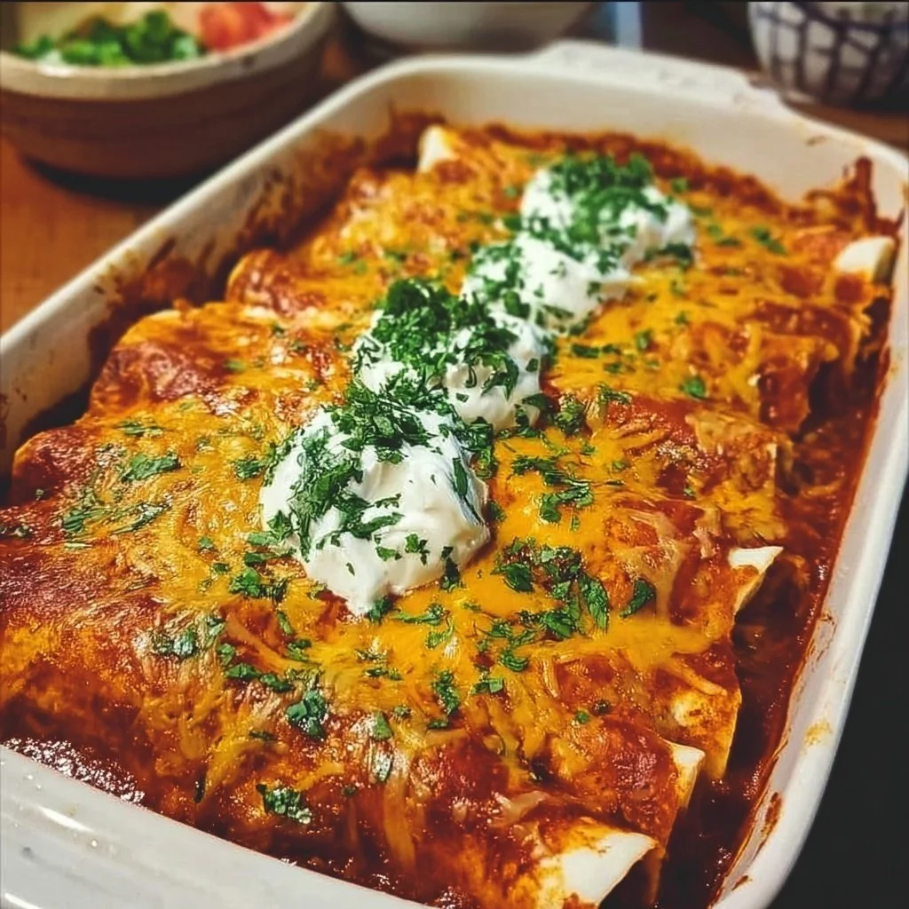 Quick and easy chicken enchiladas served with toppings.