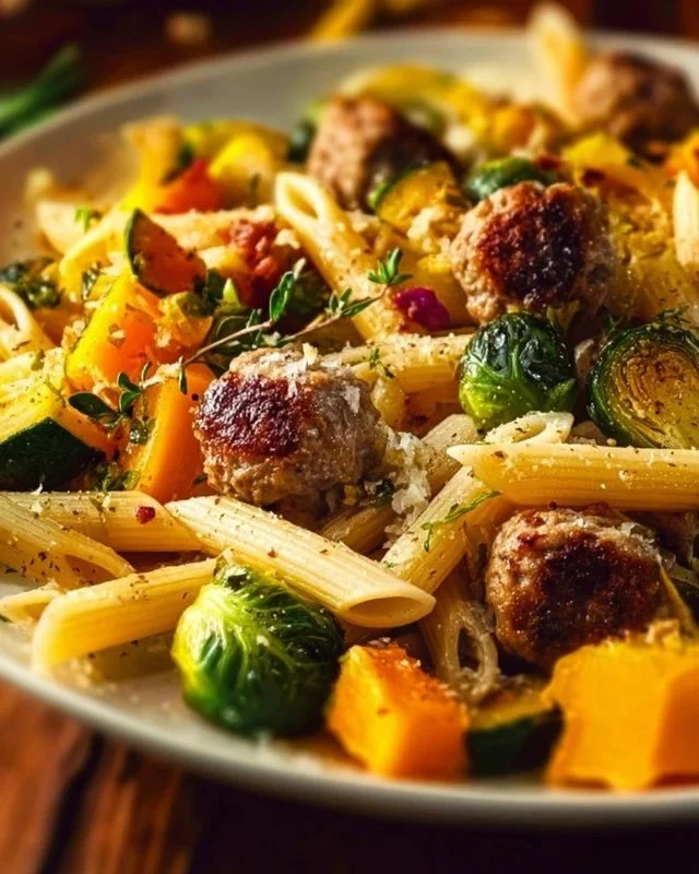 Autumn-inspired skillet pasta with seasonal vegetables and herbs