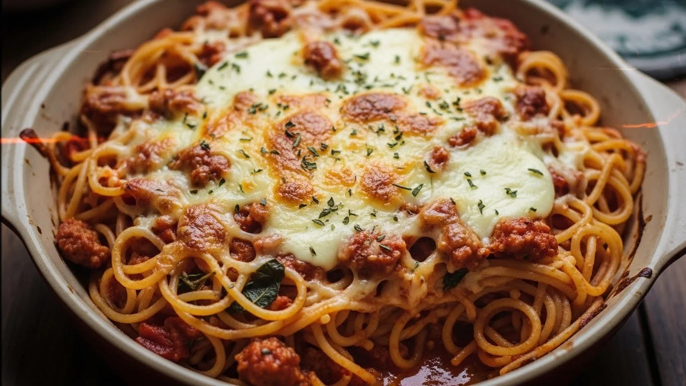 Baked cream cheese spaghetti served in a bowl, topped with parsley.