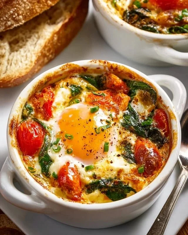 Baked feta eggs with tomatoes and spinach served on a plate