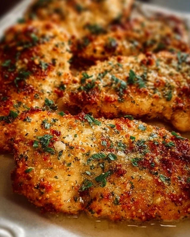 Baked Garlic Parmesan Chicken served with herbs and spices on a plate.
