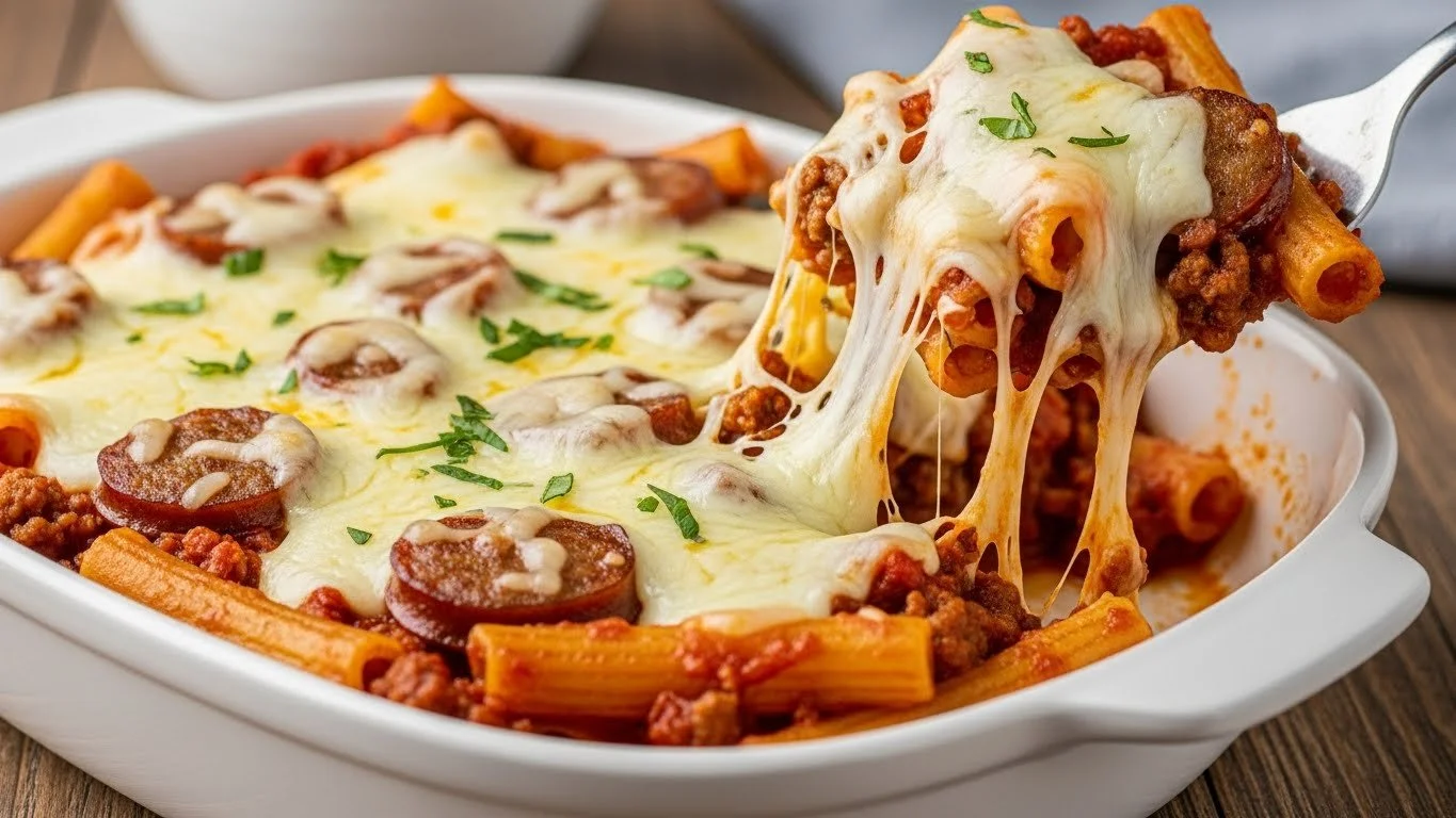 Delicious baked ziti with ground beef and sausage topped with melted cheese