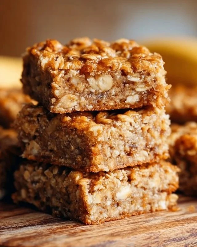 Healthy banana oatmeal bars on a wooden table with sliced bananas