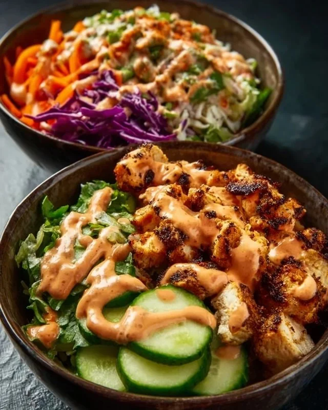 Delicious Bang Bang Chicken Bowl garnished with fresh vegetables and spicy sauce