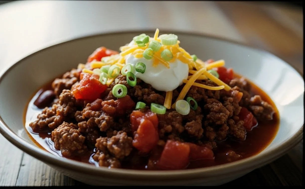 A bowl of hearty beanless chili topped with fresh herbs