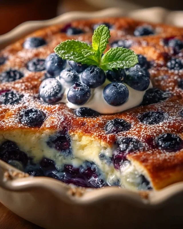 Blueberry Buttermilk Pancake Casserole served in a baking dish