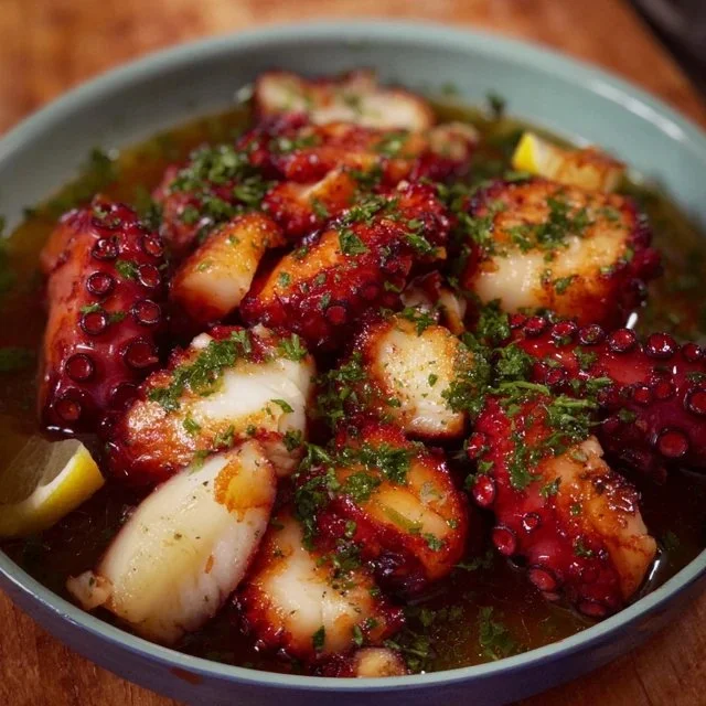 Tender boiled octopus dish served with lemon and herbs