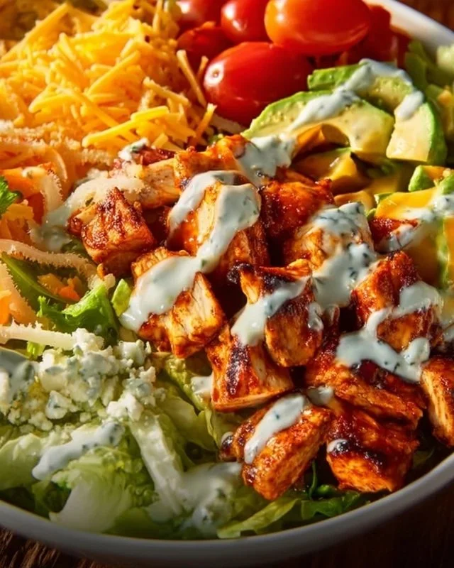 Healthy Buffalo Chicken Bowls with spicy chicken, veggies, and dressing.