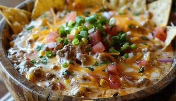 Delicious cheesy bean dip served in a bowl with tortilla chips for dipping.