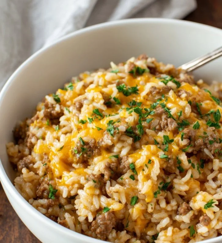 Cheesy Ground Beef and Rice Casserole in a baking dish