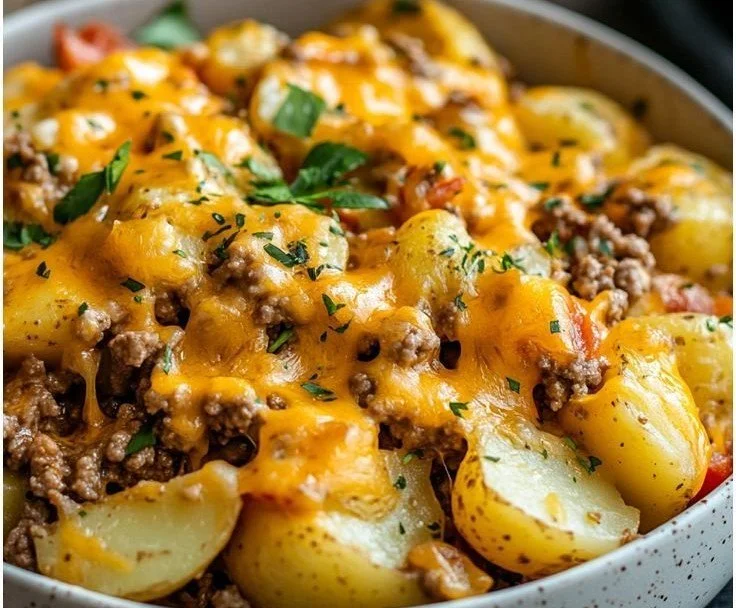 Delicious cheesy ground beef and potato casserole in a baking dish