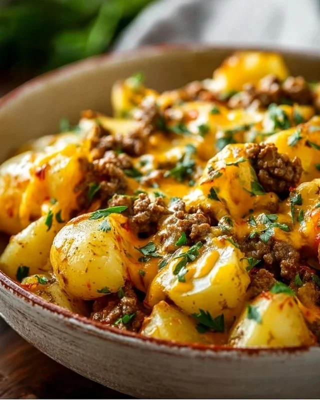 Cheesy Ground Beef and Potato Casserole fresh from the oven, topped with melted cheese