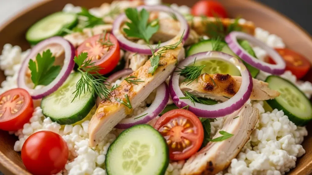 Healthy Chicken and Summer Veggie Cottage Cheese Salad with fresh vegetables