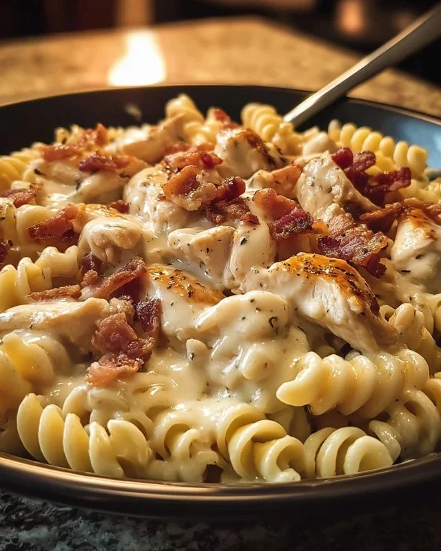 Creamy chicken bacon ranch pasta dish garnished with herbs