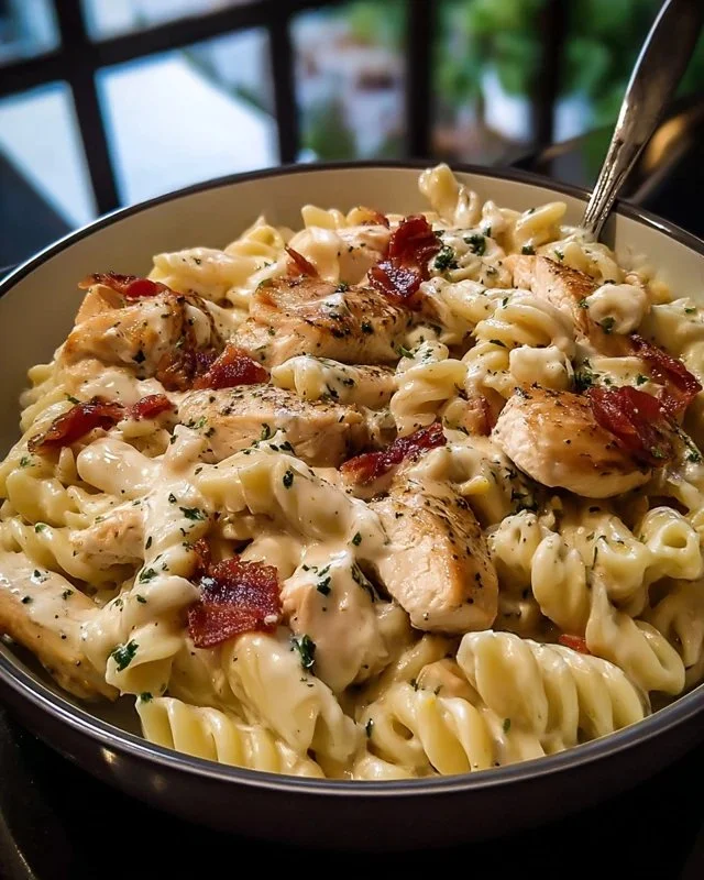 Creamy Chicken Bacon Ranch Pasta dish with bacon and herbs