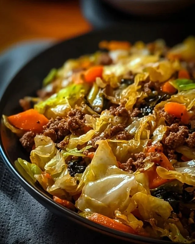 Chinese ground beef stir-fry with cabbage served in a vibrant bowl