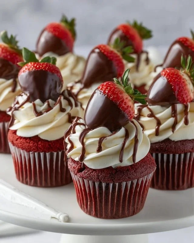 Delicious chocolate covered strawberry cupcakes topped with fresh strawberries