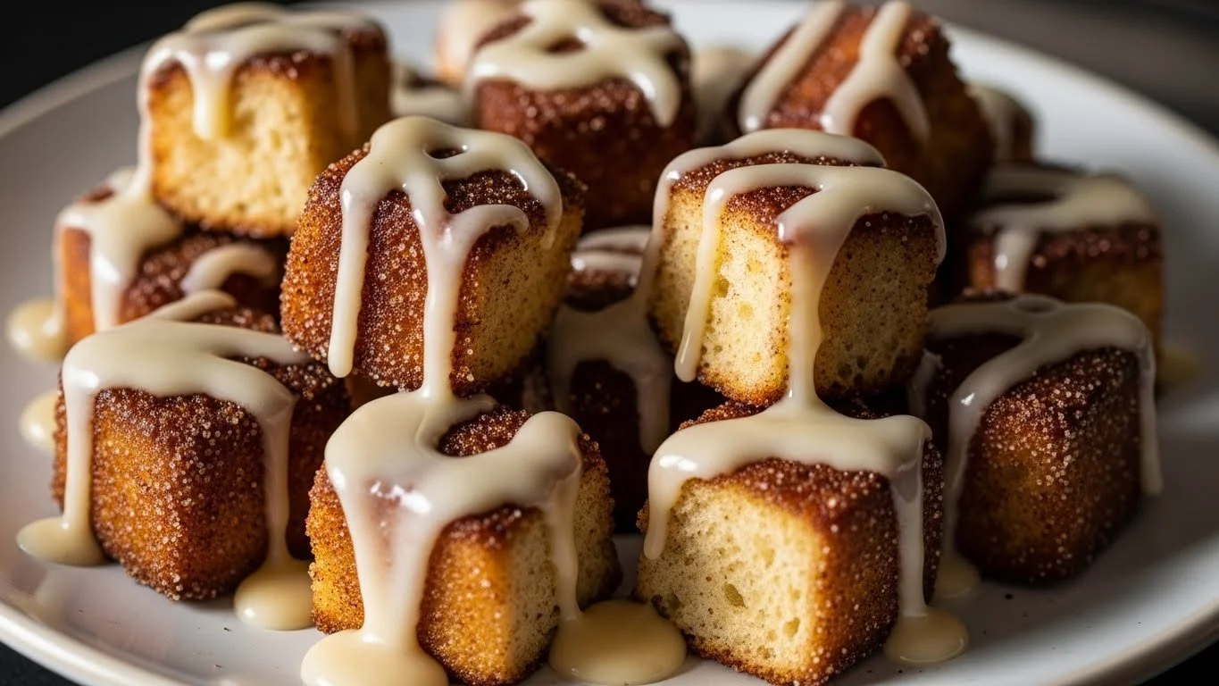 Delicious cinnamon roll french toast bites served on a plate with syrup.