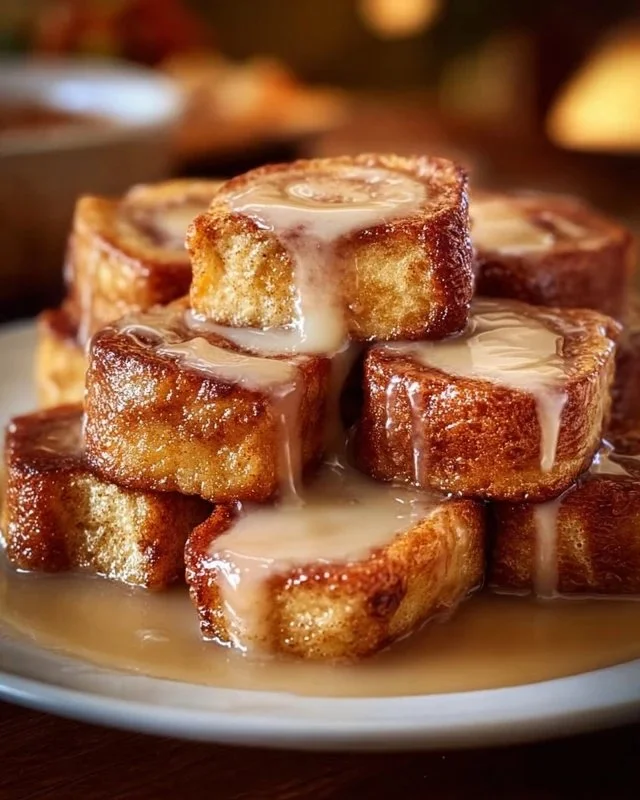 Cinnamon Roll French Toast Bites served on a white plate with syrup and powder sugar