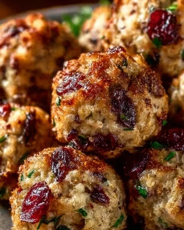 Cranberry turkey stuffing balls arranged on a festive serving platter
