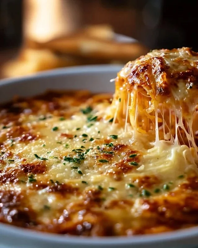 Cream cheese spaghetti casserole topped with melted cheese and herbs