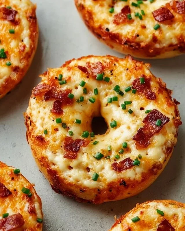 Delicious creamy bacon cheddar bagels with melted cheese and crispy bacon