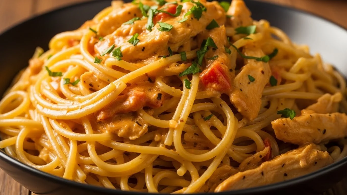 Creamy crockpot chicken spaghetti dish served with parsley garnish