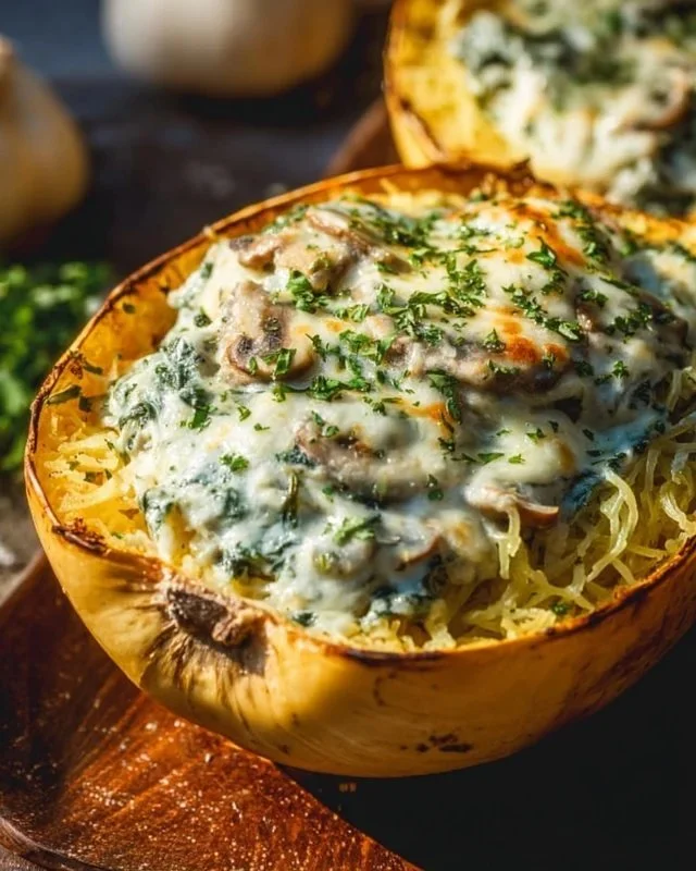 Creamy spinach mushroom stuffed spaghetti squash recipe