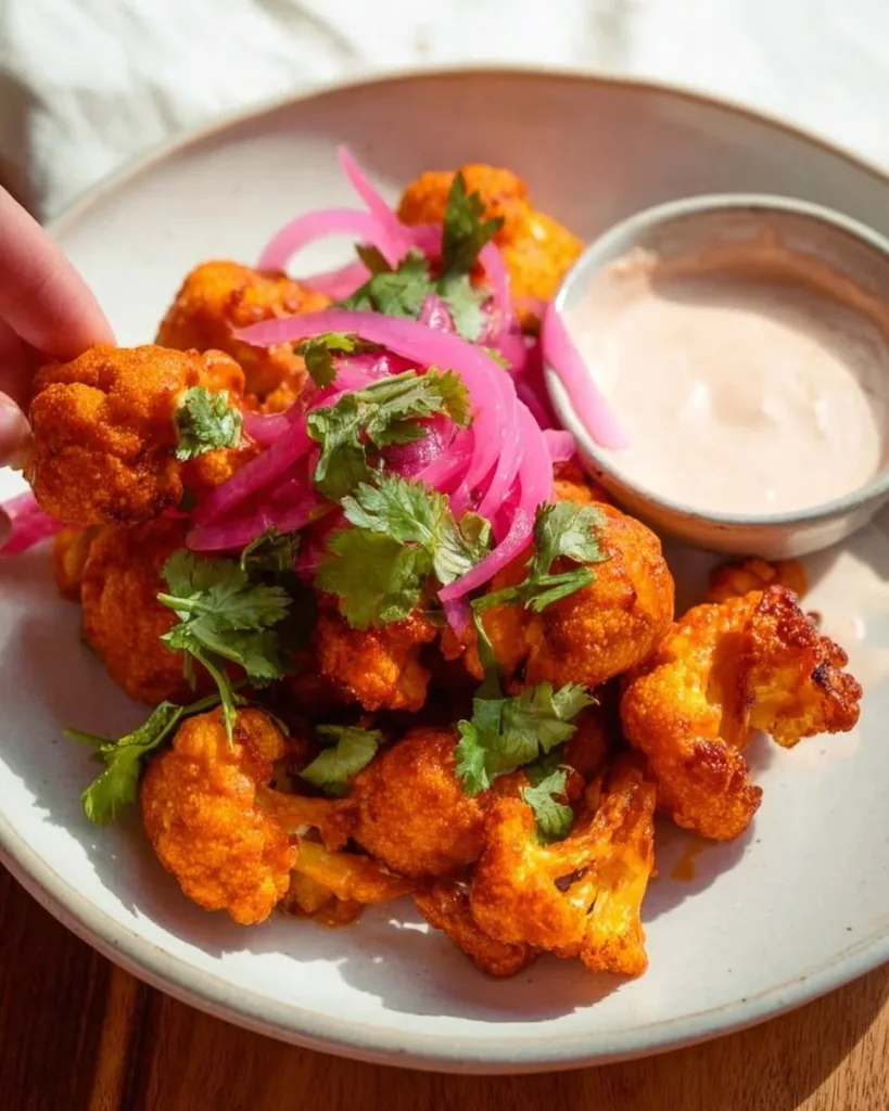 Crispy air fryer cauliflower wings served with a spicy dipping sauce
