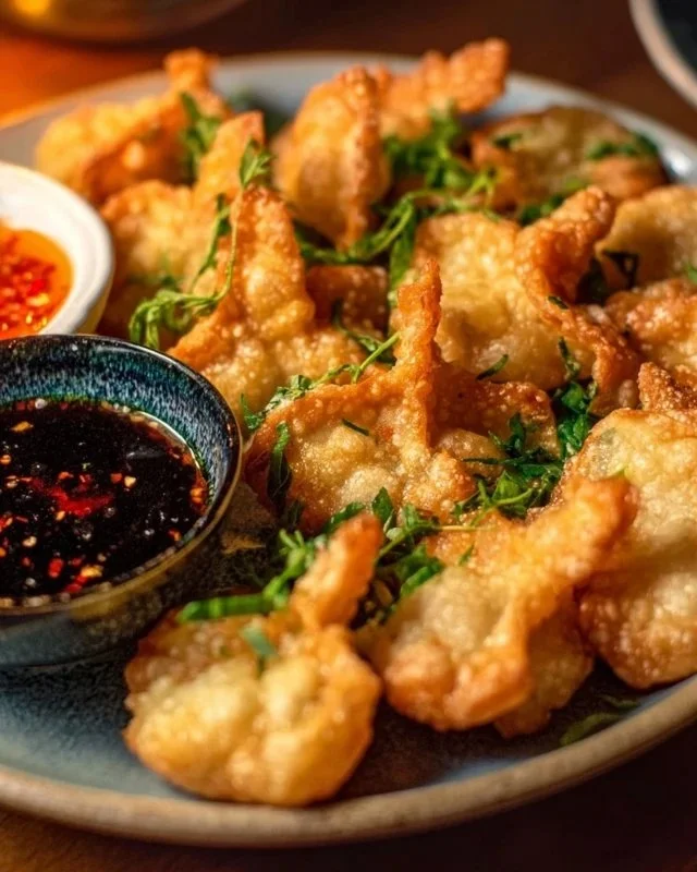 Plate of crispy wonton-wrapped shrimp appetizer