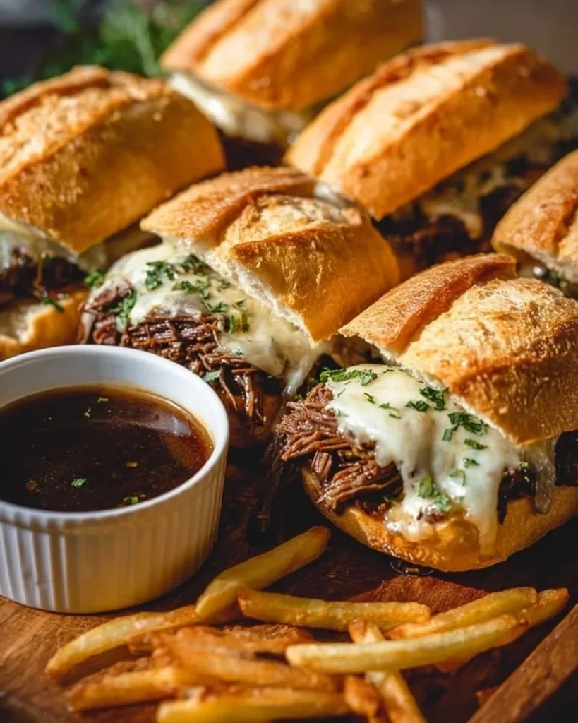 Crockpot French Dip Sandwiches served on a platter with dipping sauce