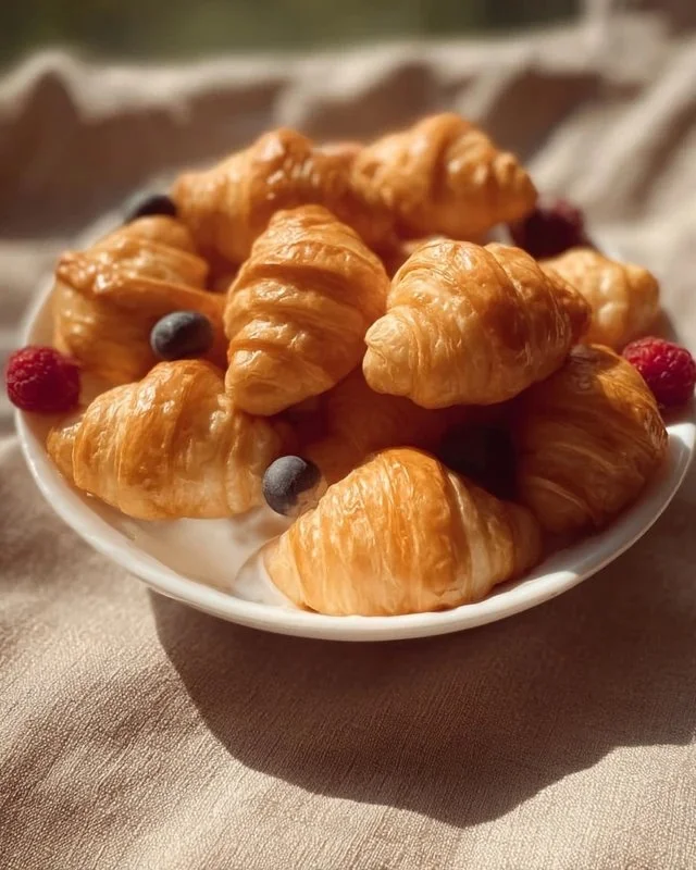 Bowl of croissant cereal topped with fresh fruits and milk