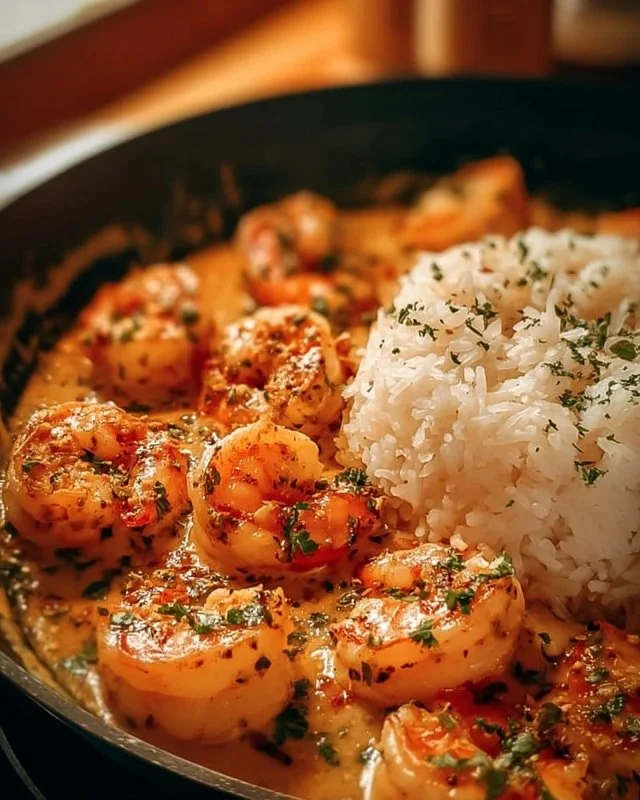 Plate of easy creamy garlic shrimp with herbs and pasta.