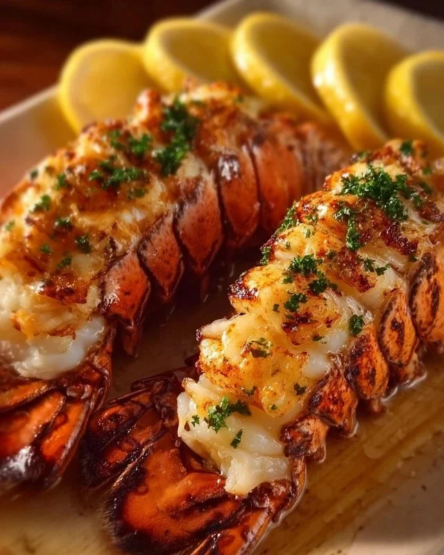 Garlic butter lobster tails served with lemon wedges on a plate