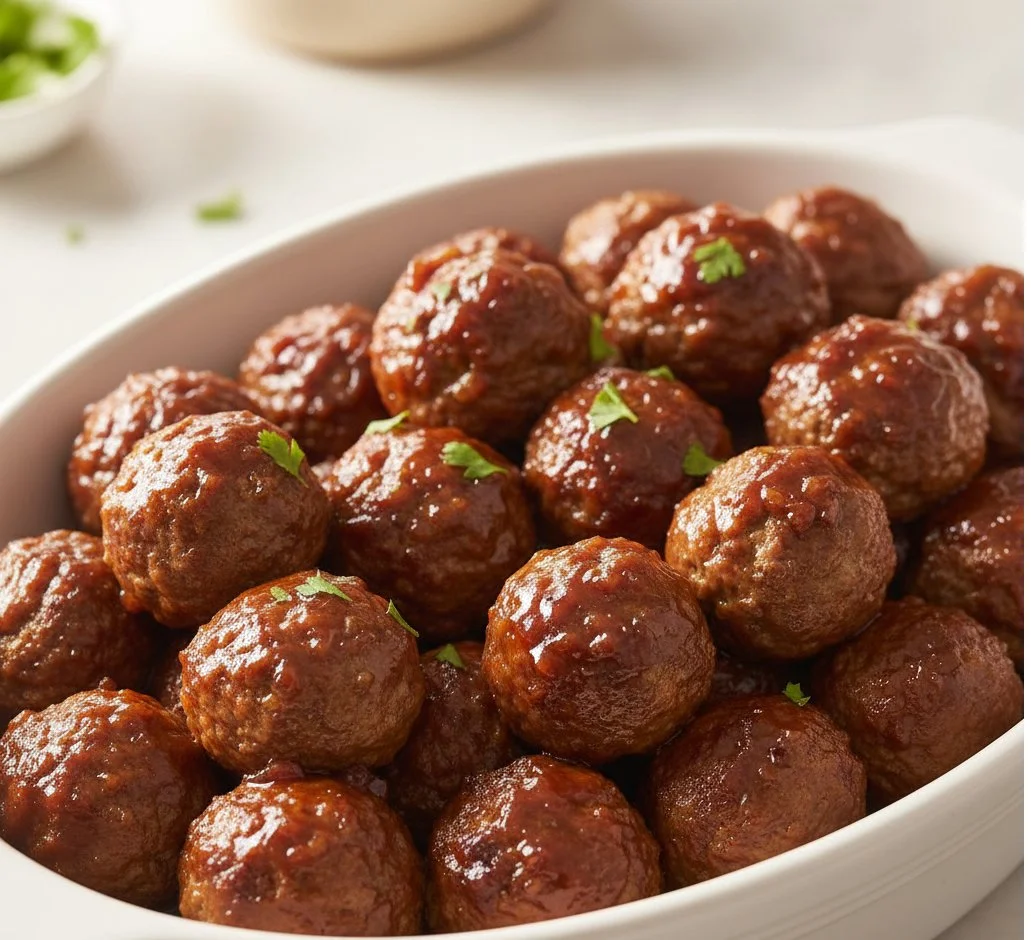 Easy grape jelly meatballs recipe served in a bowl with toothpicks.