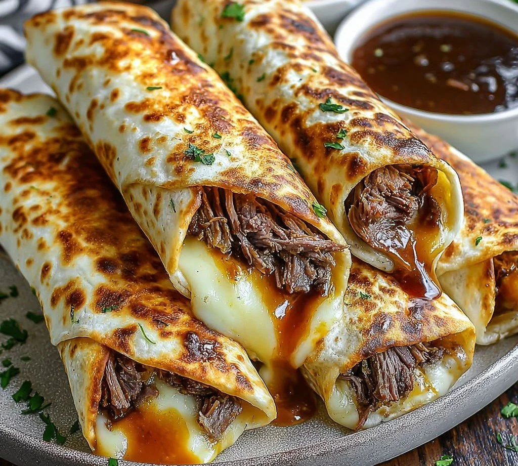Delicious French Dip Tortilla Roll Ups served on a plate