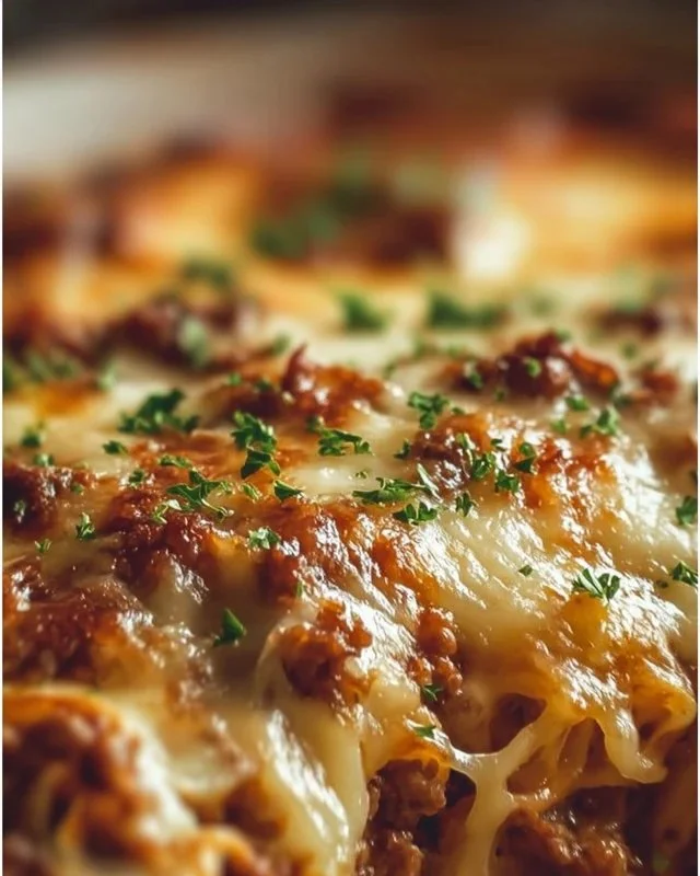 French Onion Ground Beef Casserole topped with melted cheese