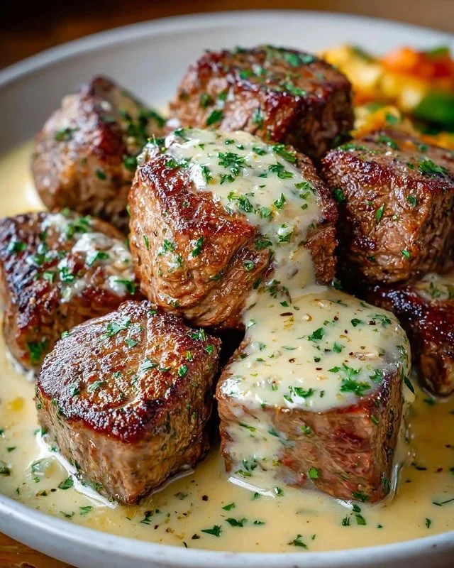 Garlic butter steak bites served with a creamy parmesan sauce