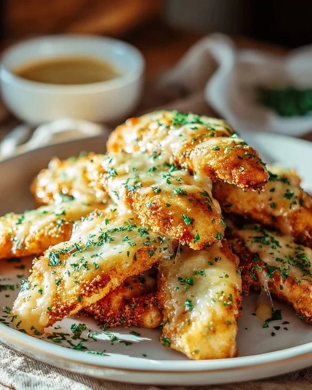 Garlic Parmesan Chicken Tenders on a plate, garnished with herbs
