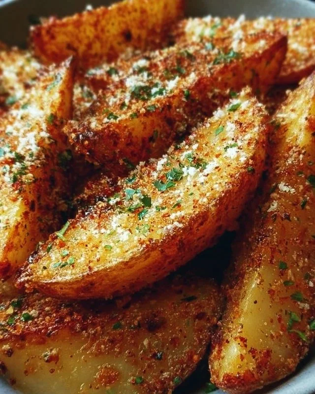 Crispy Garlic Parmesan Potato Wedges served on a plate with herbs