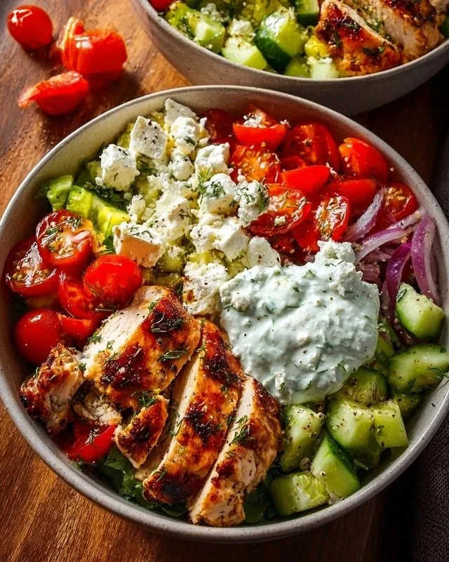 Bowl of Greek Chicken with fresh vegetables and feta cheese